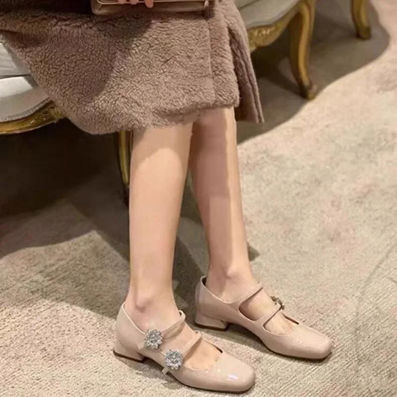 Women's Single Shoes with Heels Square Toe Flowers Rhinestone Shoes Womens All-match Shallow Mouth Zapatillas De Mujer