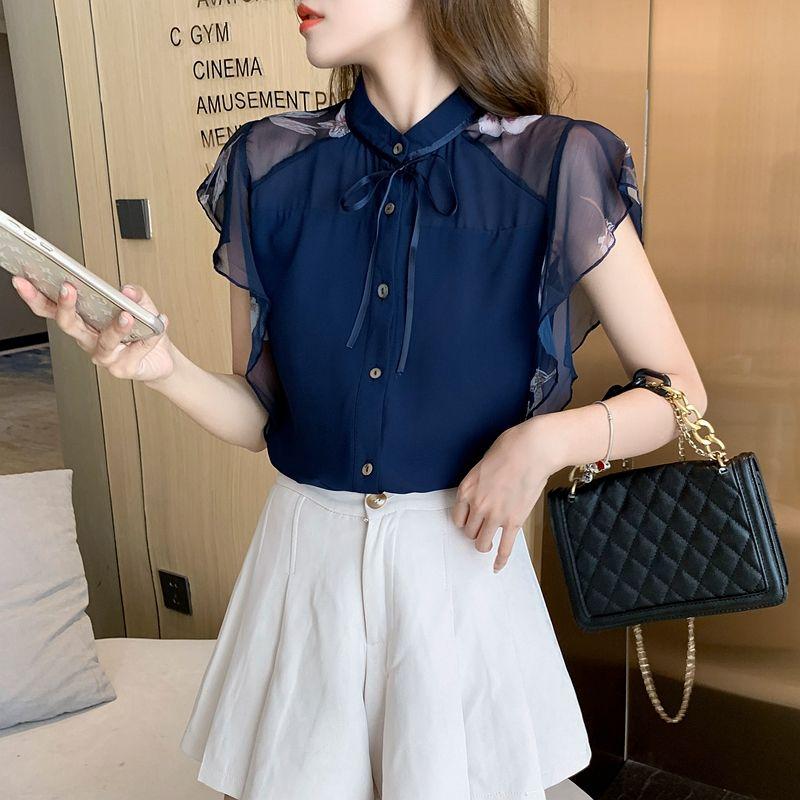 

Ruffled Fashionable Stylish Slim Bow Chiffon Shirt Blue M