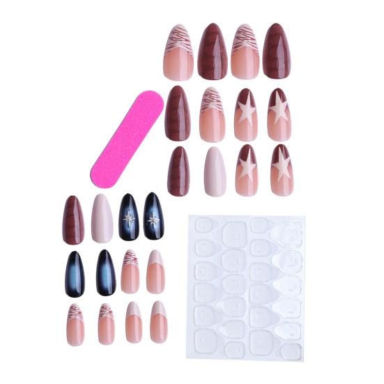 1 Set Women Press on Nails Almond French Tip Stick-on Long Fake Nails Full Cover Glue on False Nails DIY Manicure