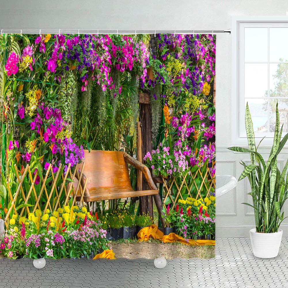 Spring Rural Landscape Shower Curtains Set Pink Flowers Tree Forest Natural Floral Green Plant Scenery With Hooks Bathroom Decor