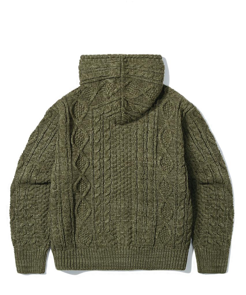 TRILLION Washable Aran Cable Hooded Zip-Up Knit (Khaki)
