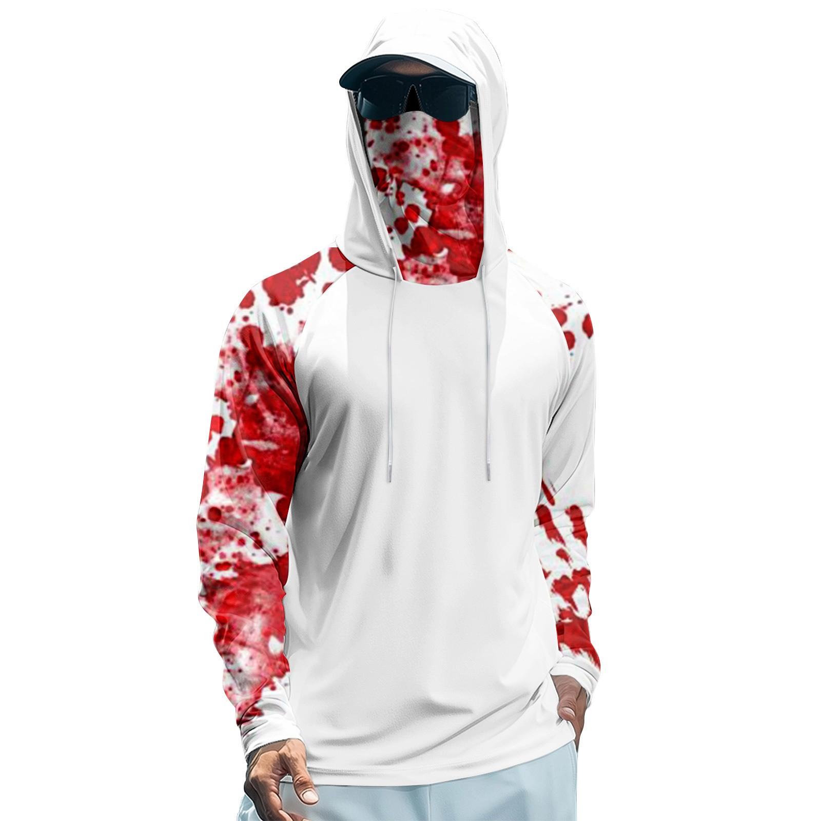 

Мужская худи реглан для рыбалки с принтами на Хэллоуин - UPF 50+ УФ защита, длинный рукав, солнцезащитная рубашка с сетчатым козырьком XXL винный