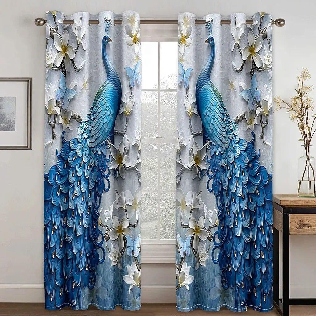 

Прозрачные шторы с принтом павлина по индивидуальному заказу, шторы в китайском стиле из полиэфирного волокна, подходят для гостиной, спальни, кухни W50xH130(CM)x2PCS-Grommet Top