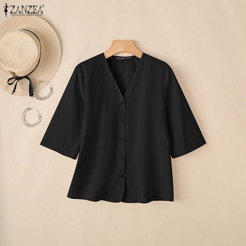 ZANZEA Women Casual V-Neck Solid Color Loose Half Sleeve Blouse