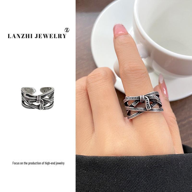 Lan Zhi 925 Sterling Silver Bowknot Distressed Open Ring for Women - Exaggerated Hip Hop Style, Non-fading Jewelry.