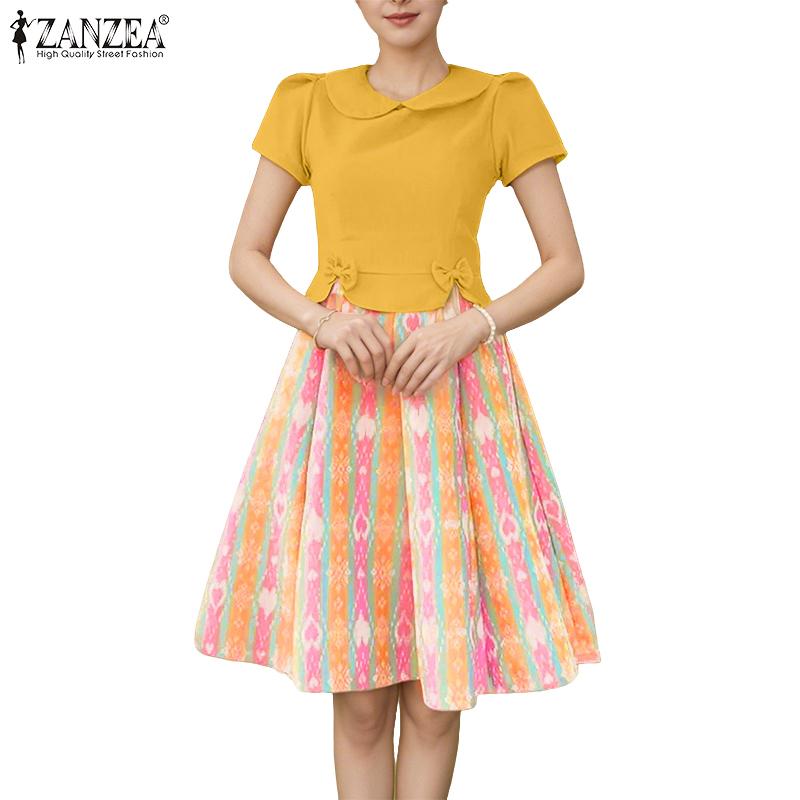 ZANZEA Women Doll Collar Casual Short Sleeve Print Patchwork Dress