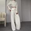 Women's White High Neck Long Sleeve Cropped Top with Button Cuffs and Wide Leg Pants Set