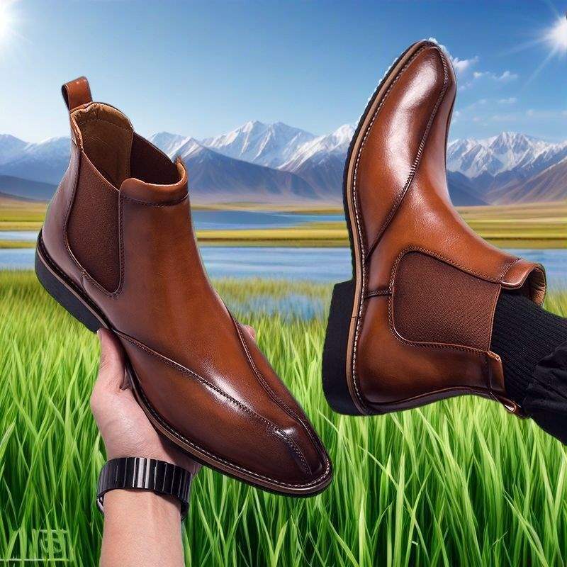 Korean Version of Chelsea Men's Boots Men's High-top Leather Shoes Pointed Men's Boots British Heightening Martin Boots Breathable Short Boots