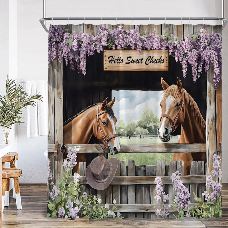 Western Barn Horse Shower Curtains Sunflower Lavender Floral Farmhouse Wooden Door Farm Animal Bathroom Curtain Decor with Hooks