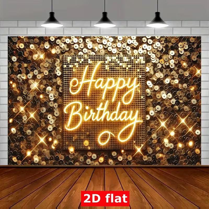 

2D Golden Shimmer Happy Birthday Backdrop Neon Sign Photo Booth Background Banner 47.2x31.5inch/120*80cm
