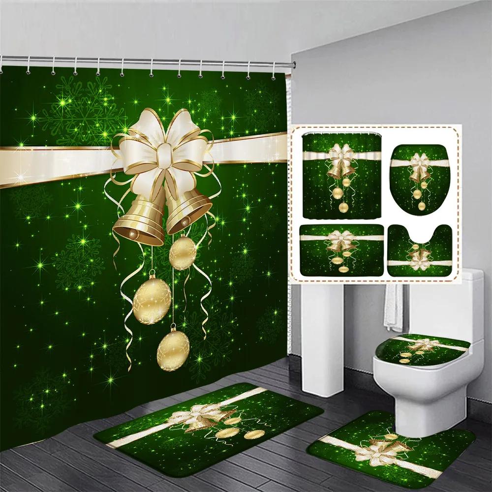 Red Christmas Shower Curtain Set Green Pine Branches Rope Ball Winter New Year Xmas Bathroom Decor Rug Bath Mat Toilet Lid Cover
