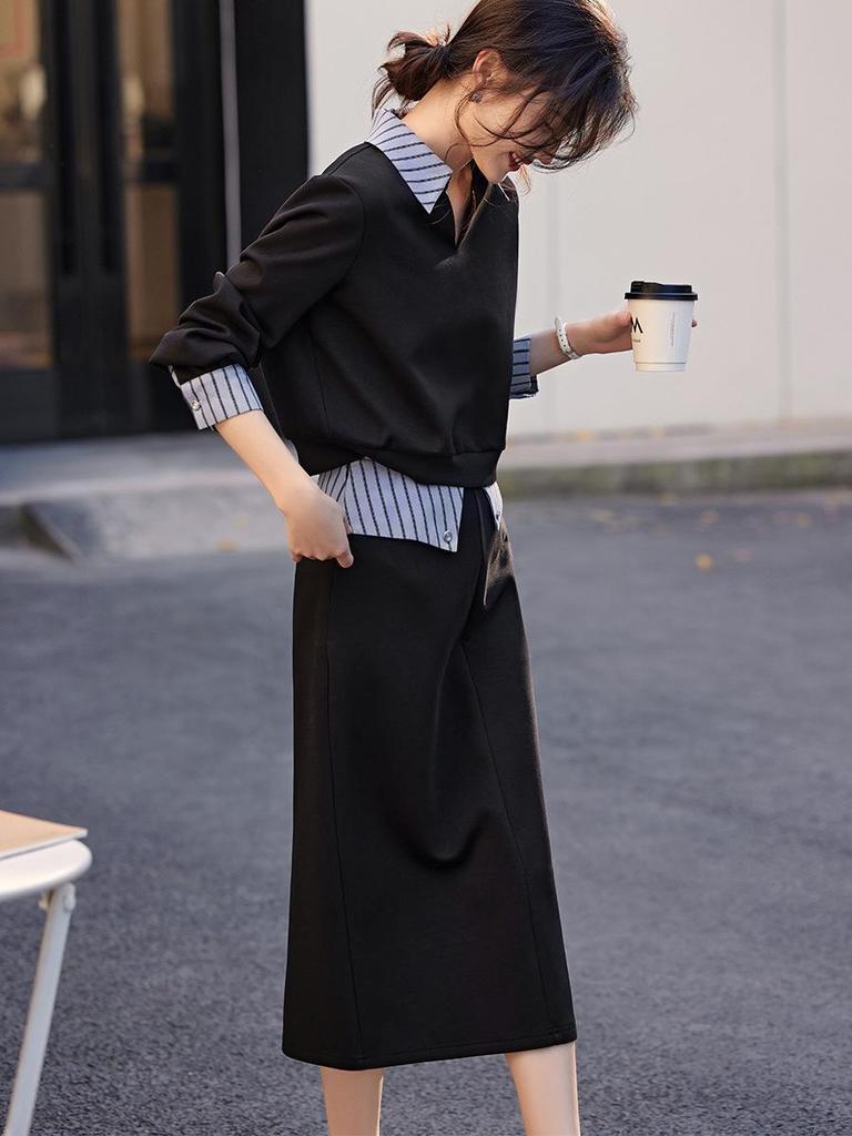 Internet Celebrity Patchwork Shirt Collar Sweatshirt & Midi Skirt Set for Women - Autumn Casual Two-Piece Ensemble