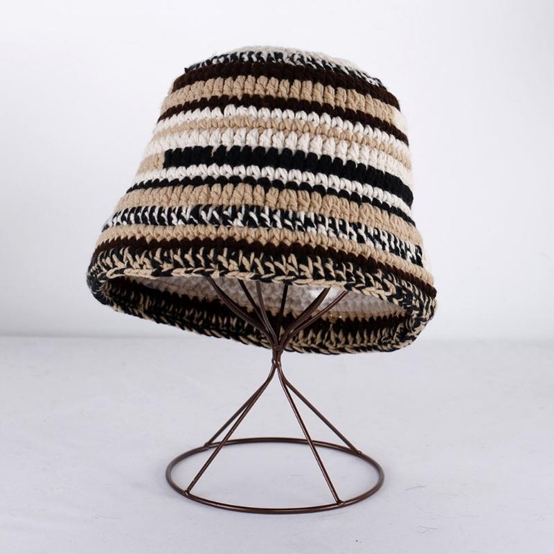 Popular Female Hat Knitting Bucket Hat Handmade Crochet Rainbow Fisherman Hat Women Girl Photo Beanie Warm Striped Cap
