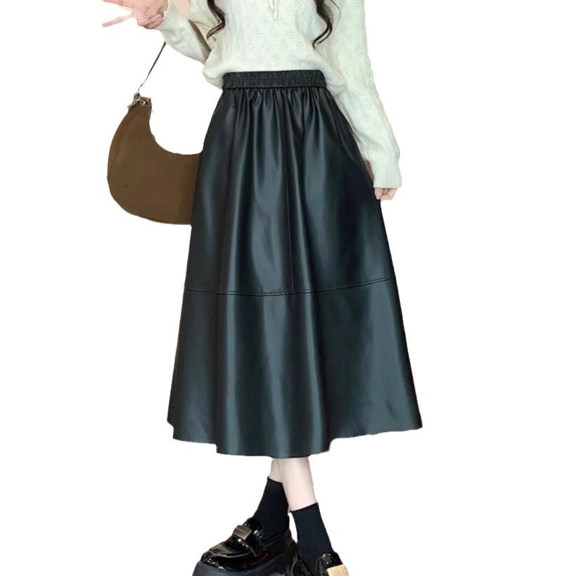 Women's 2024 PU Leather A-Line Mid-Length Skirt: Autumn/Winter Fashion, Elastic Waist, Versatile Temperament, Loose Fit Umbrella Design