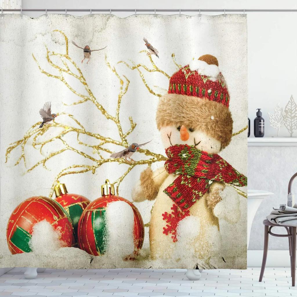 Christmas Shower Curtain Fireplace Gifts&Socks New Year Holiday Bathroom Decor Red Shower Curtains for Christmas Bathroom Sets