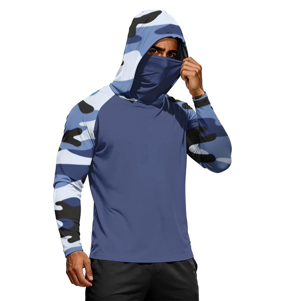 Men's Long Sleeve Hooded Shirt Camouflage Print Pullover Lightweight Athletic Top for Outdoor Activities