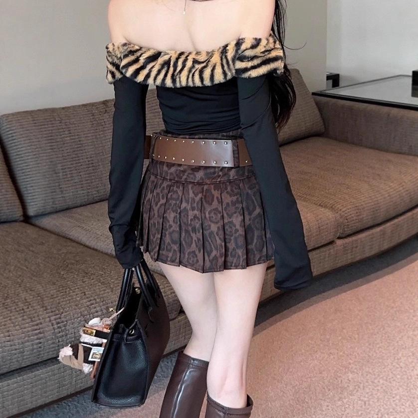 American Leopard Print Coffee Pleated Skirt: Spicy Girl Casual, Y2K Style for Autumn 2025