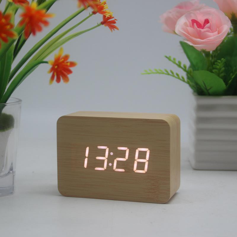 Retro Square Wooden LED Digital Student Alarm Clock Temperature Night Light Display Clock Fashion Wooden Home Decoration Clock