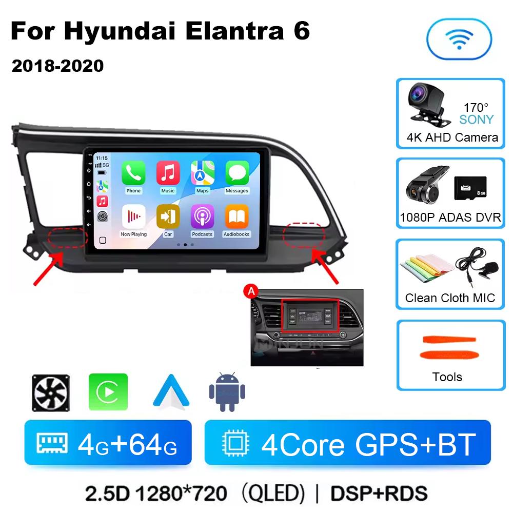 For Hyundai Elantra 6 2018 2019 2020 Car Radio Multimedia Video GPS Android 14 Wireless Apple Carplay QLED Screen Head Unit