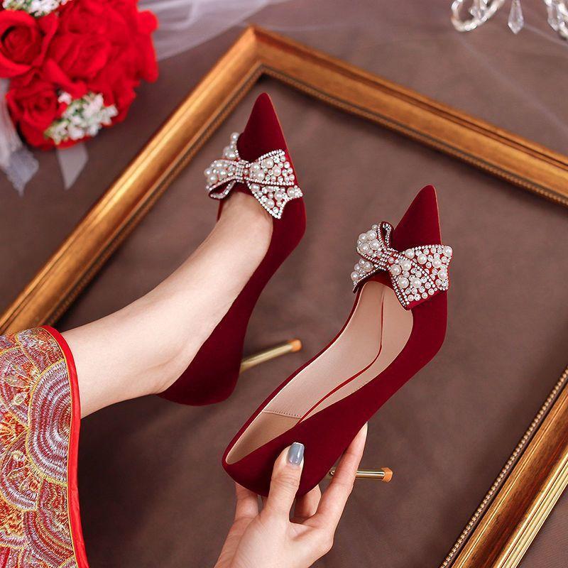 Xiuhe Wedding Dress Two Wear Wedding Dress Red Wedding Shoes Bow Light Mouth Bridal Shoes Stilettos
