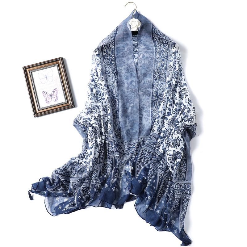 2024 Autumn/Winter New Cotton And Hemp Scarf Women'S Literary And Elegant Ethnic Style Retro Blue And White Porcelain Tassel Long Shawl
