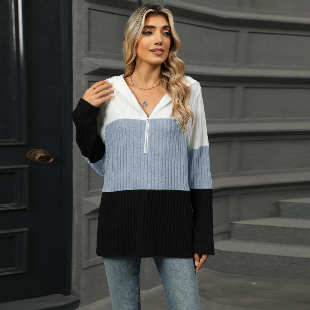 Women's Autumn and Winter New Loose Contrasting Color Spliced Zipper Hooded Long Sleeved Top for Women