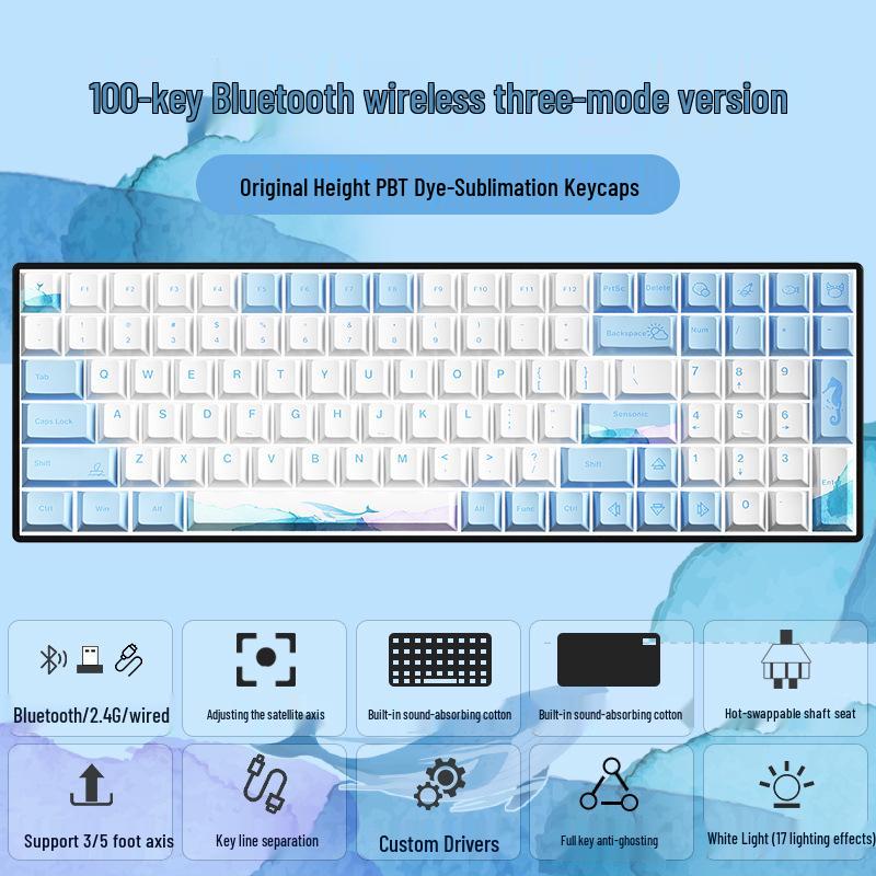 Wireless Bluetooth Mechanical Keyboard - 100-Key, Three-Mode, Compact Design, Office Customizable, Hot-Swappable Switches