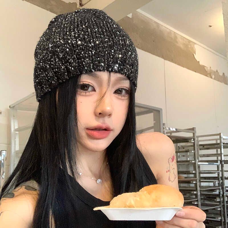

South Korea Trendy Head-Wrapping Hat Wig One Female Long Straight Hair 2024 New Arrival Summer Thin Sequin Knitted Cold Cap Black + long black straight hair