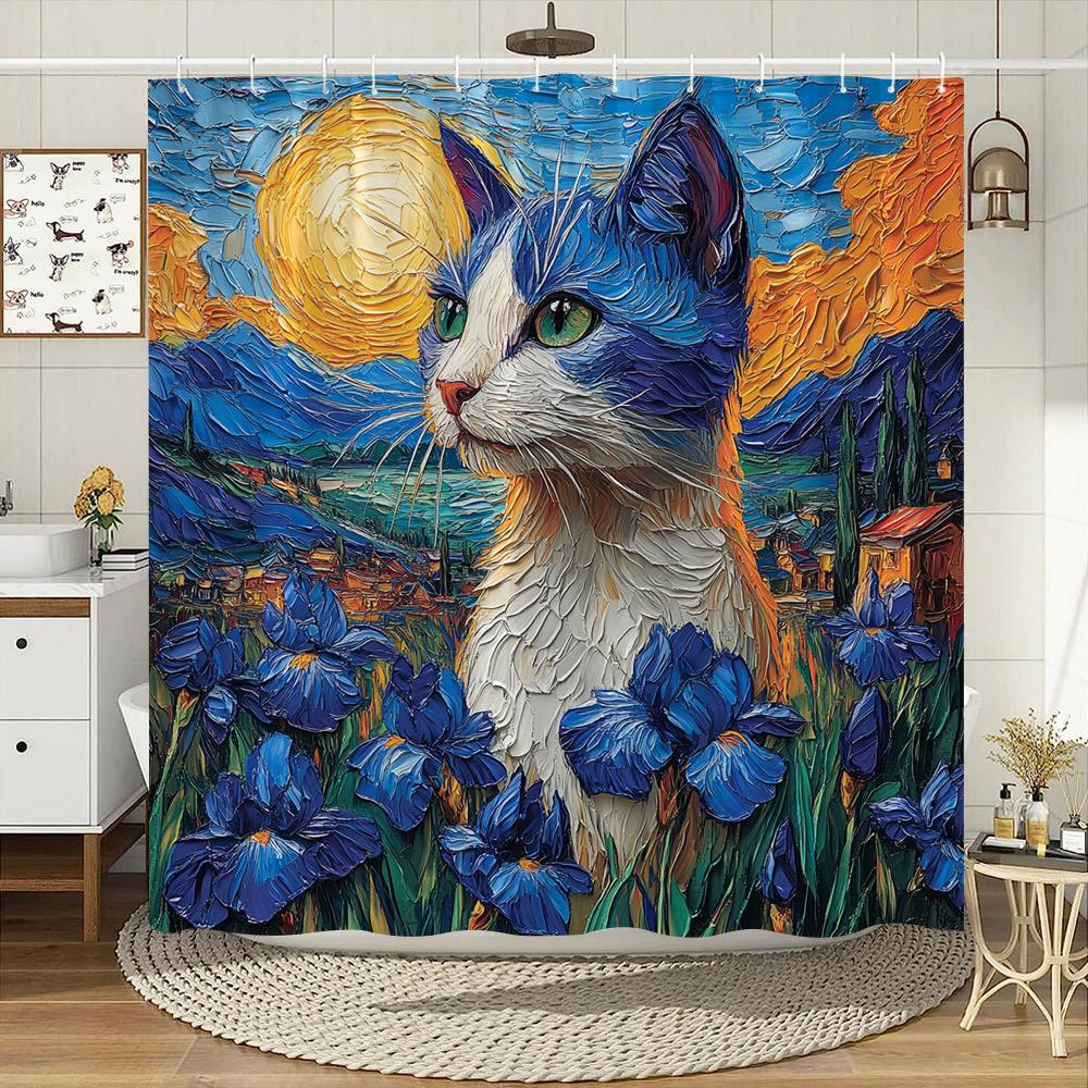 Vintage Style Cute Cat Shower Curtain Watercolour Blooming Flowers Polyester Fabric Home Bath Curtains Bathroom Decor with Hooks