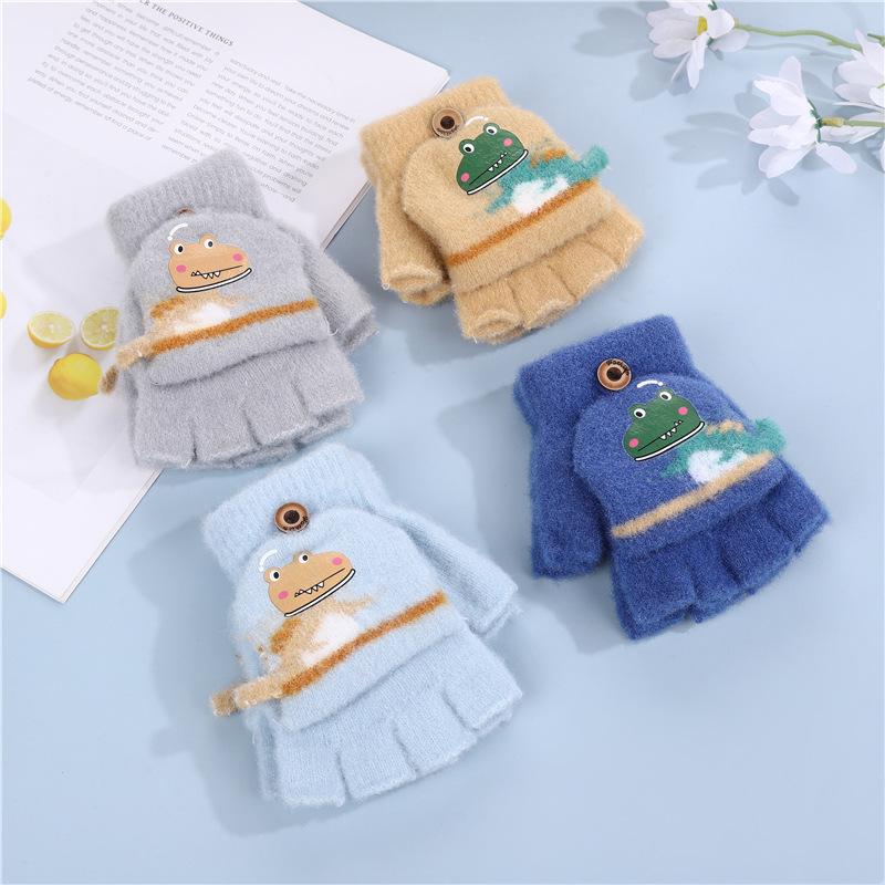 Children's Flip-top Gloves Cute Cartoon Dinosaur Boy Baby Kindergarten Winter Warm Half-finger Wool