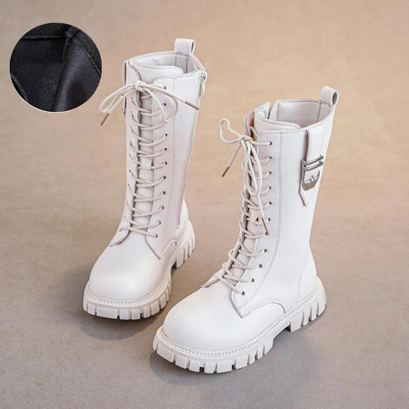 Girls Long Leather Boots Solid Color Britain Style Kids Princess High Boots Fashion Children Catwalk Buckle Boots Classic Chic