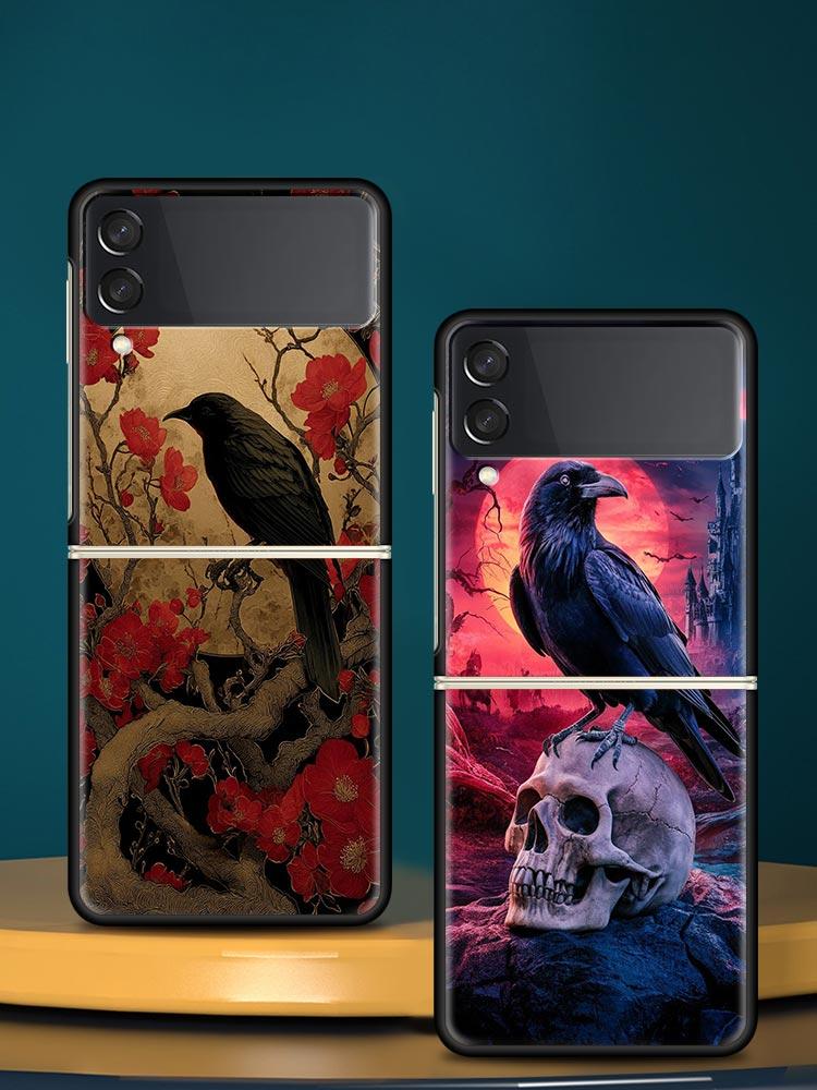 Black Raven Hard PC Phone Case For Samsung Galaxy Z Flip 7 6 5 4 Black Cover For Galaxy Z Flip 3 Foldable Shell Fundas Capas Bag
