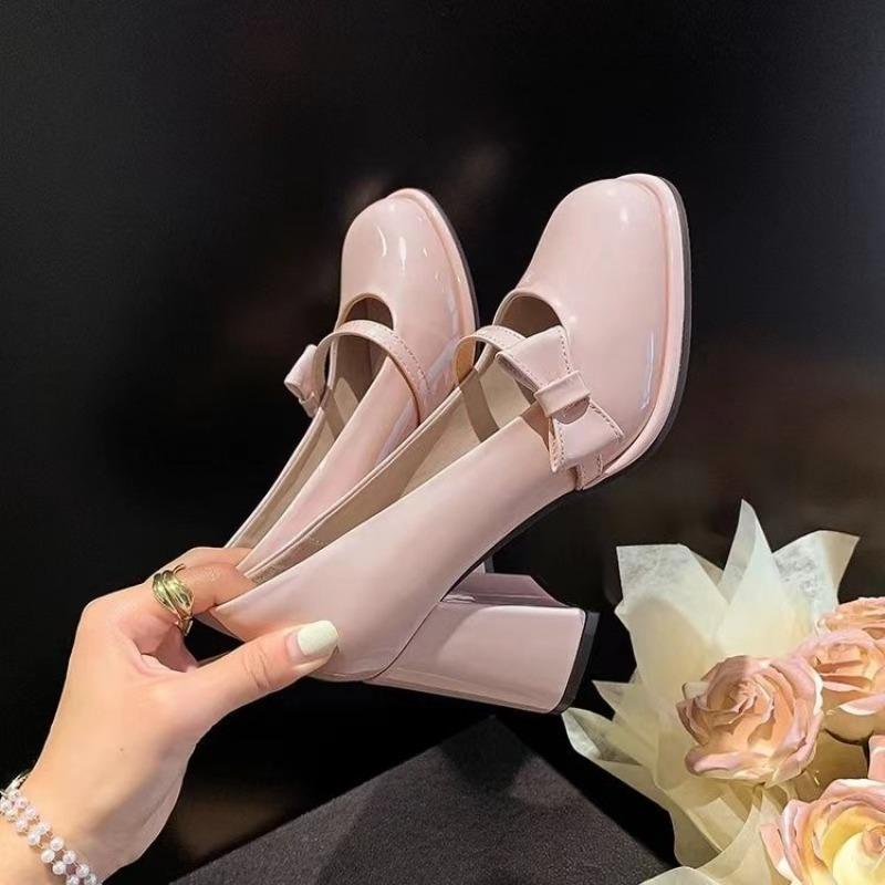 

Fashion Coarse Heel Shoes Spring New Round Head Shallow Mouth Butterfly Knot Set Foot Waterproof, Non-slip Wear-resistant High Heels 40 розовый