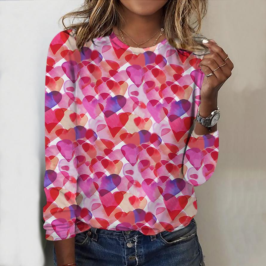 Women Love Heart Print Graphic T Shirt For Women Pink Fashion Long Sleeve Tees Autumn Winter Casual Loose T-Shirts