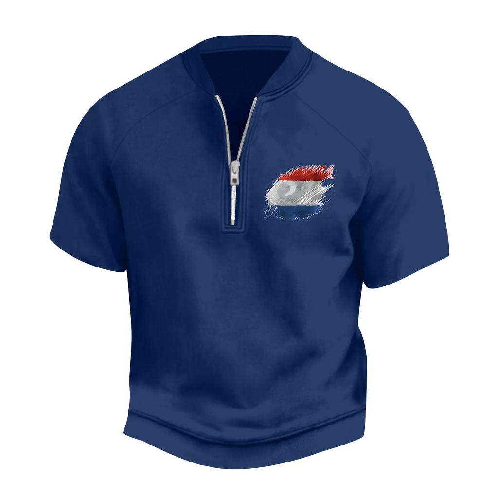 Pánské letní vintage tričko na poloviční zip s potiskem vlajky Dne nezávislosti a krátkým rukávem