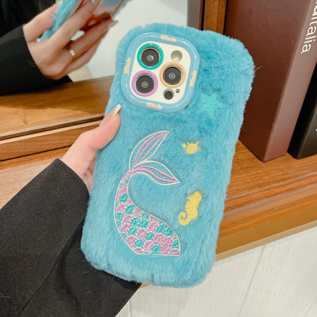 Autumn and Winter Plush Whale Mobile Phone Case Is Suitable for Apple 16PROMAX Trend 14 Fine Hole 15 Lens Holder 11