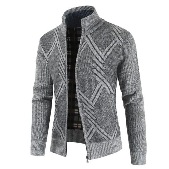 Stand Collar Long Sleeves Fleece Lining Sweater Coat Men Autumn Winter Geometric Pattern Zipper Placket Knitted Outerwear