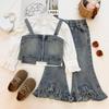 Girls' Autumn Three-Piece Set: Denim Overalls Vest, Ruffled Shirt, and Bell Bottoms