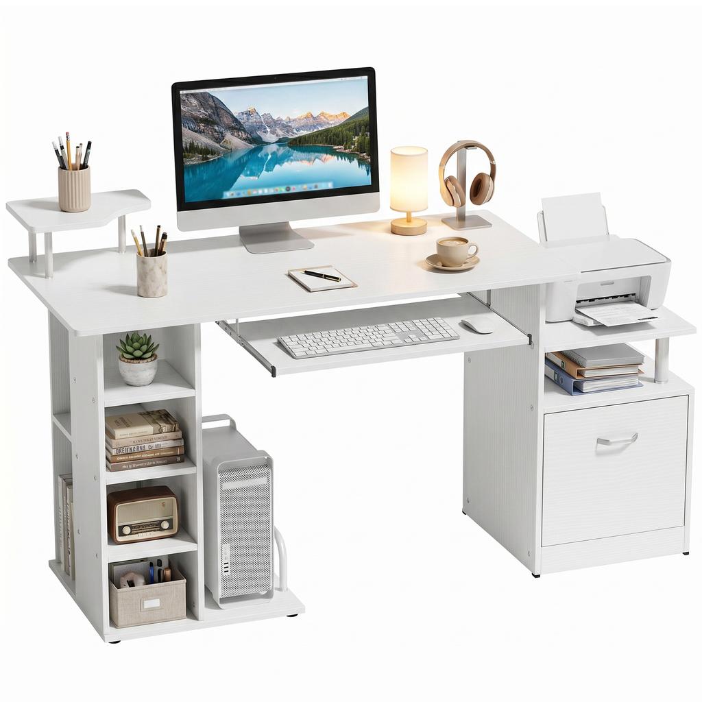 Computer Desk with Drawer Shelves CPU Storage Rack White