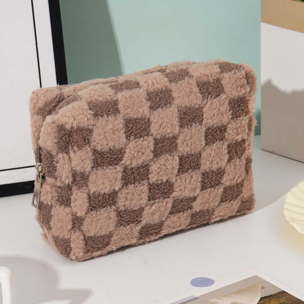 Lightweight Plaid Plush Makeup Bag - Easy to Carry & Distinguish