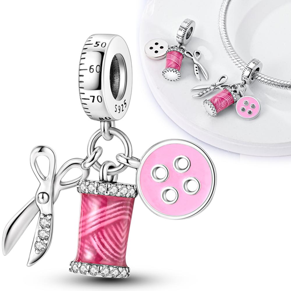 

Original Charms Copper Scissors Button Pink Spool Pendants Fit Charms Plata Bracelets For Women Women Jewelry Making Diy