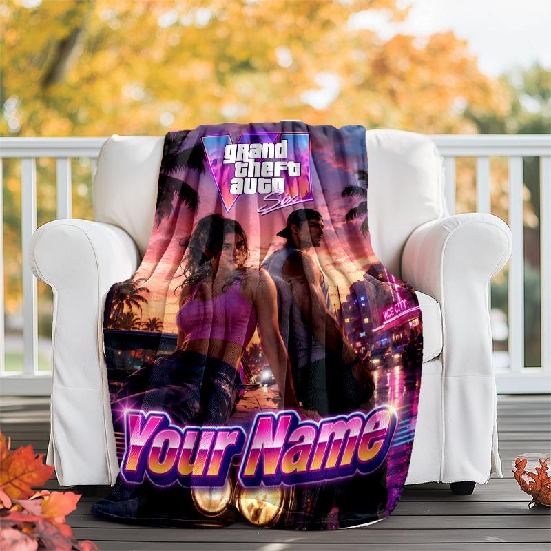 1pc Personalized Name GTA Theme Blanket - Digital Print, Polyester, Cozy for All Seasons, Perfect for Outdoor, and Travel