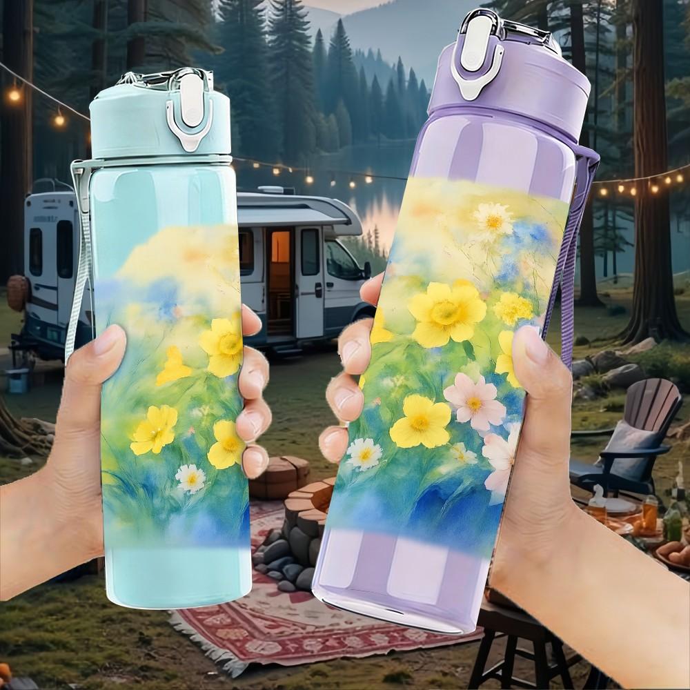 1PC Soft Pastel Blue Yellow Flower Print 750ml Color Plastic Sports Water Bottle Leakproof Flip Straw Lid Suitable for Sports Office Home Use