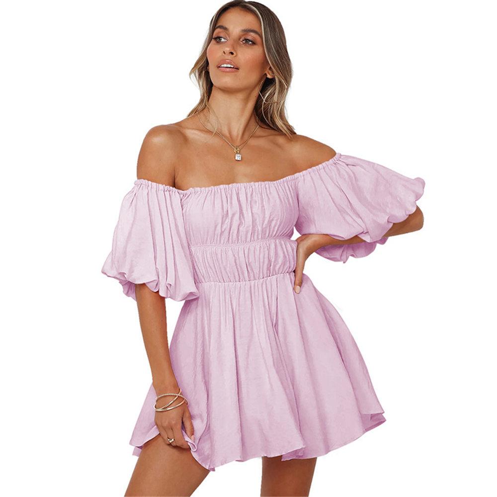 Damen Sommerkleid mit langen Laternenärmeln, schulterfreiem Minikleid, gerüscht, A-Linie, quadratischer Ausschnitt, fließendes Swing-Strandkleid