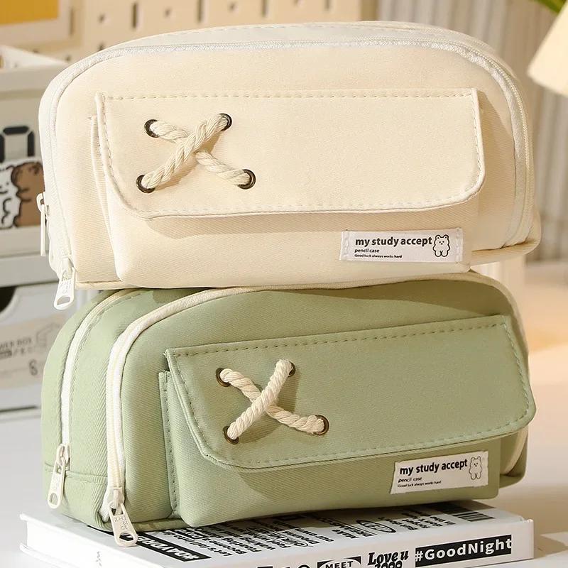 Button Cotton Rope Pencil Case Large Capacity Kids Storage Bag Student Stationery Box Girl Storage Pencil Case