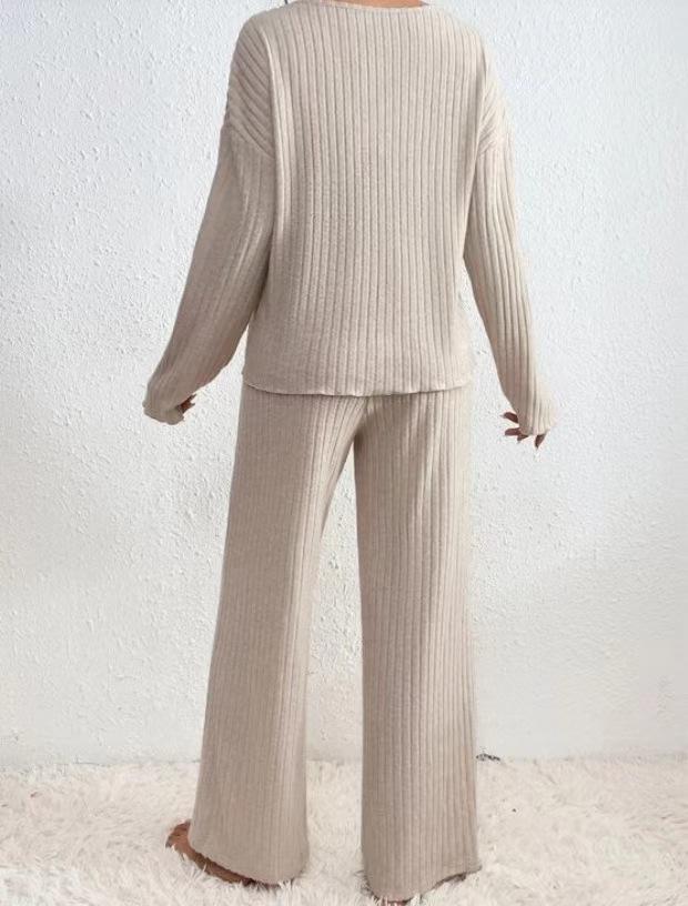 2025 Autumn/Winter Hot Selling Ribbed V-Neck Long Sleeve Brushed Casual Set for Women