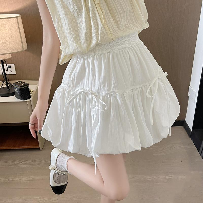 

GMXIA Ballet Style Bow Pressed Pleated Fluffy Skirt Summer Women A-line Flower Bud Skirt Sweet Cool Lantern Skirt Bustier S белый