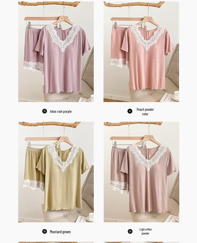 Girly Summer Pajama Set: Two-Piece Lace Home Wear, Short Sleeves & Pants, Chest Pads, Casual & Outdoor Wear