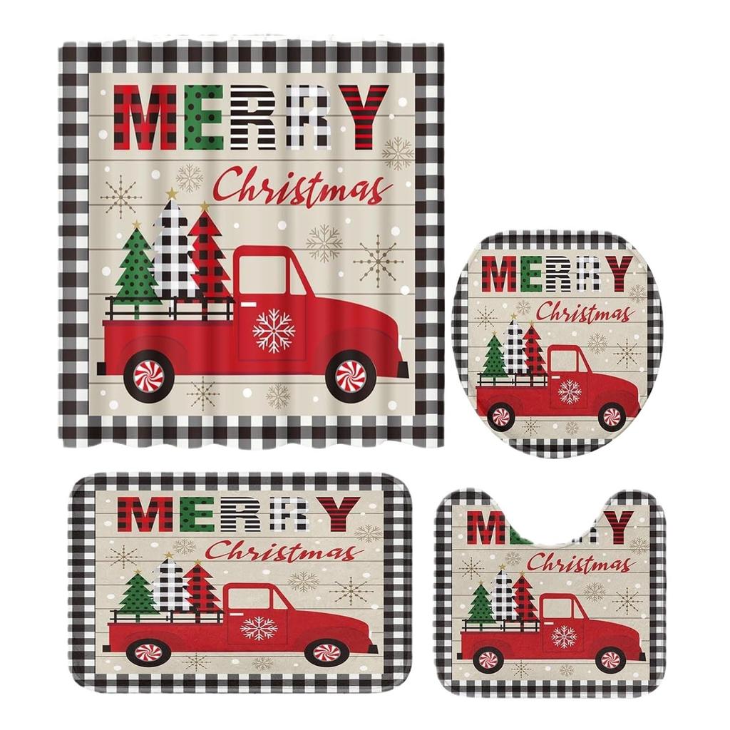 Merry Christmas Curtains Abstract Christmas Tree Truck Black And White Christmas Plaid Print Bathroom Bath Mat Toilet Lid
