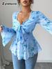 Plus Size Women's Floral Print Mesh See-Through Bell Sleeve Bowknot Front Casual Elegant T-Shirt